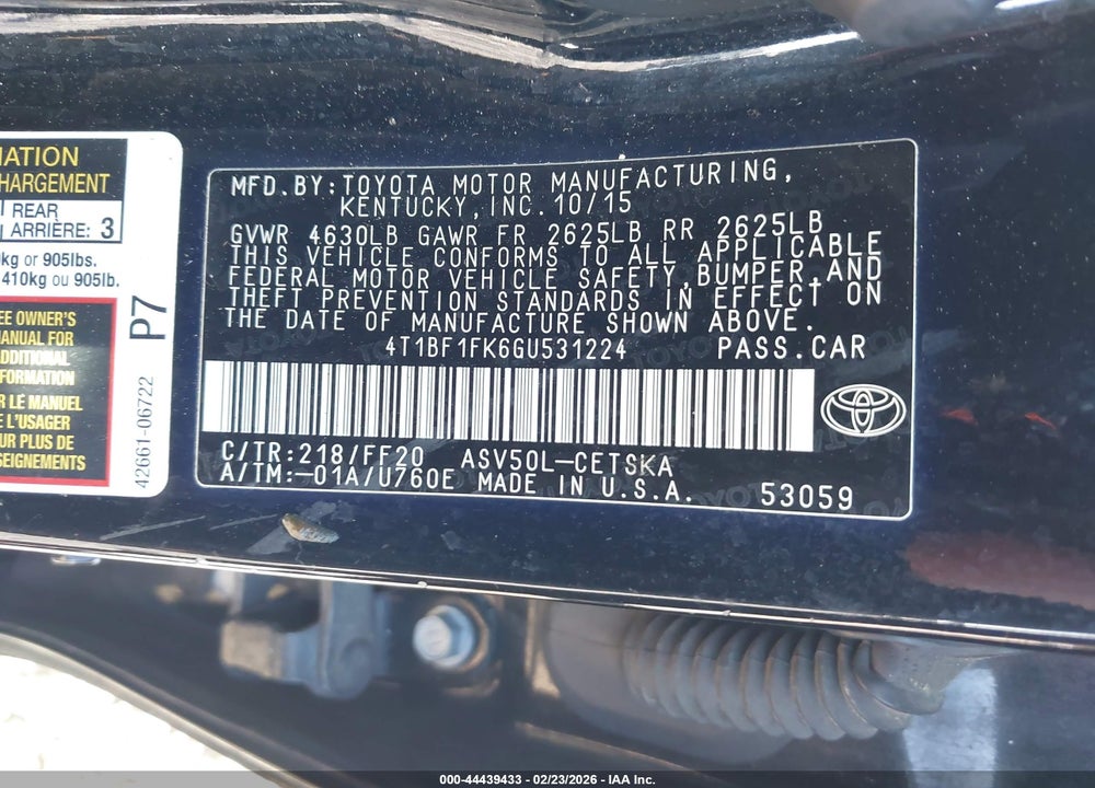 2016 TOYOTA CAMRY SE VIN: 4T1BF1FK6GU531224