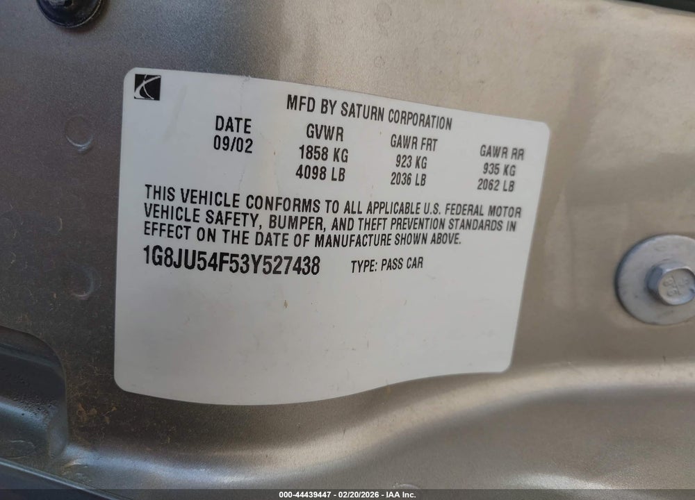 2003 SATURN L-SERIES L200 VIN: 1G8JU54F53Y527438