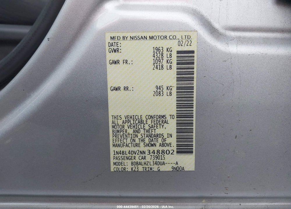 2022 NISSAN ALTIMA SV FWD VIN: 1N4BL4DV2NN348802