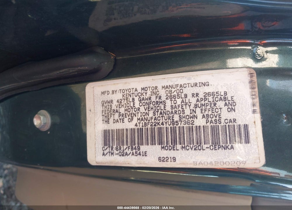 2000 TOYOTA CAMRY LE V6 VIN: 4T1BF22K4YU957362
