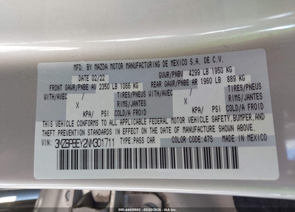 2022 MAZDA 3 PREMIUM PLUS VIN: 3MZBPBEY2NM301711