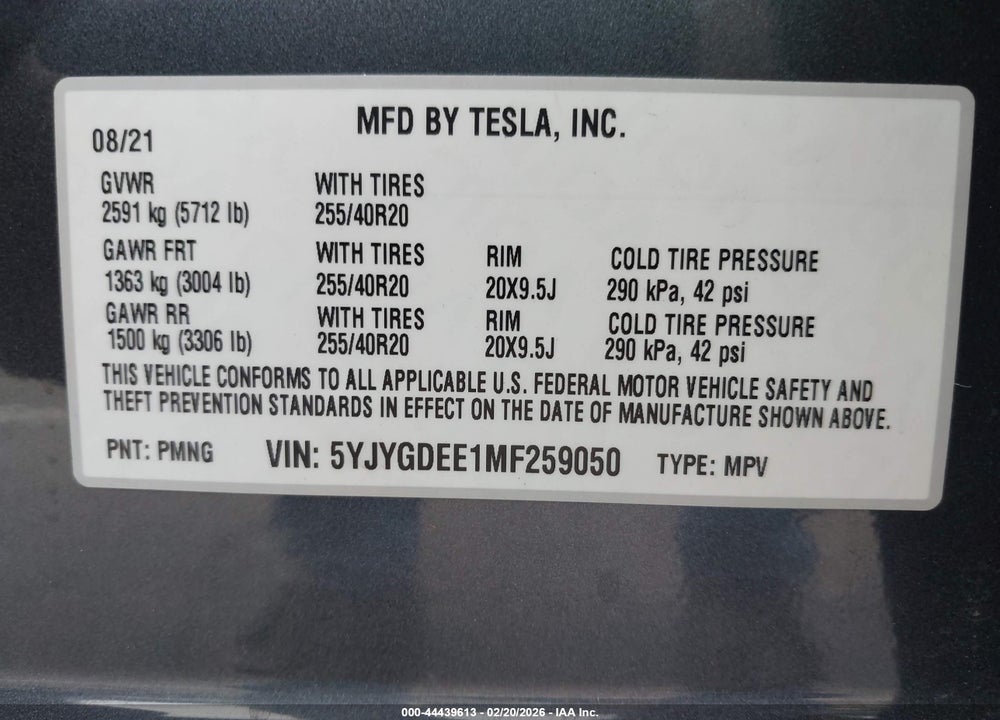 2021 TESLA MODEL Y LONG RANGE DUAL MOTOR ALL-WHEEL DRIVE VIN: 5YJYGDEE1MF259050
