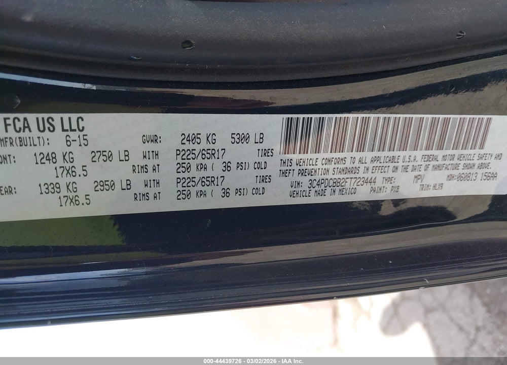 2015 DODGE JOURNEY SXT VIN: 3C4PDCBB2FT723444