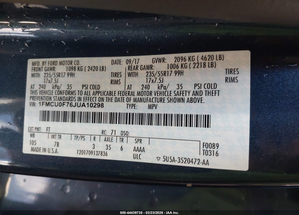 2018 FORD ESCAPE S VIN: 1FMCU0F76JUA10298