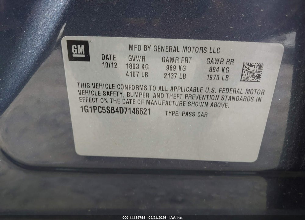 2013 CHEVROLET CRUZE 1LT AUTO VIN: 1G1PC5SB4D7146621