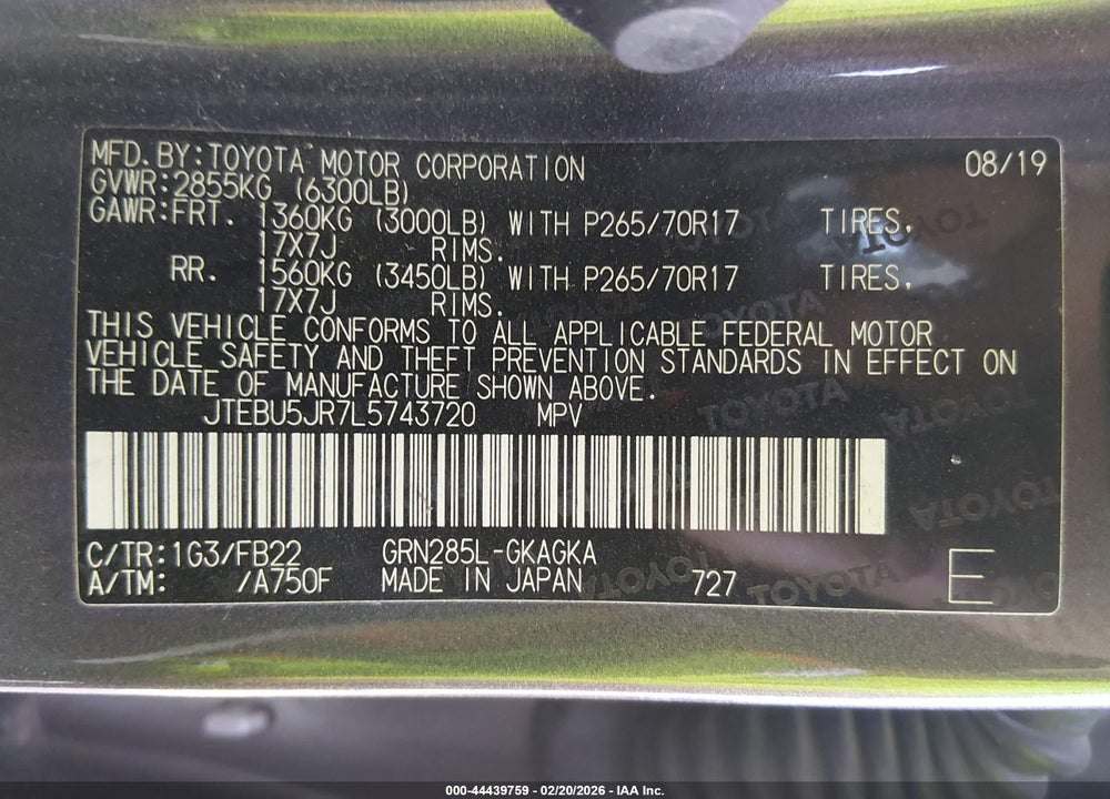 2020 TOYOTA 4RUNNER SR5 VIN: JTEBU5JR7L5743720