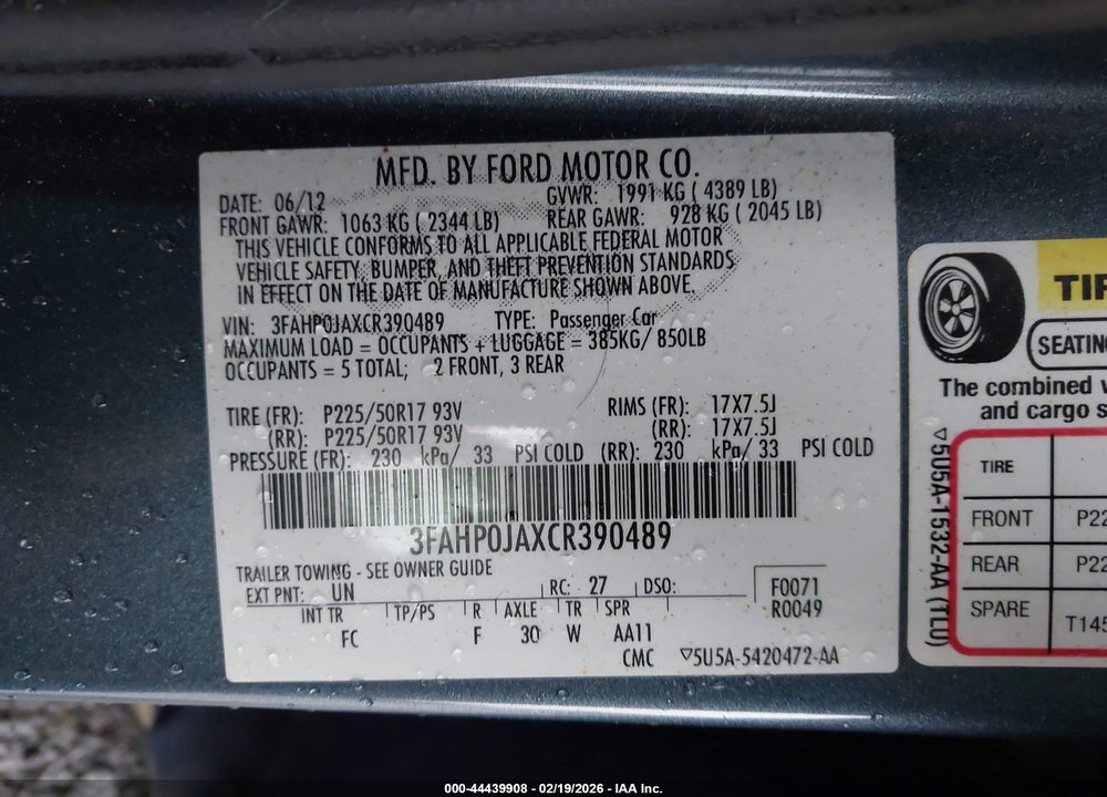 2012 FORD FUSION SEL VIN: 3FAHP0JAXCR390489