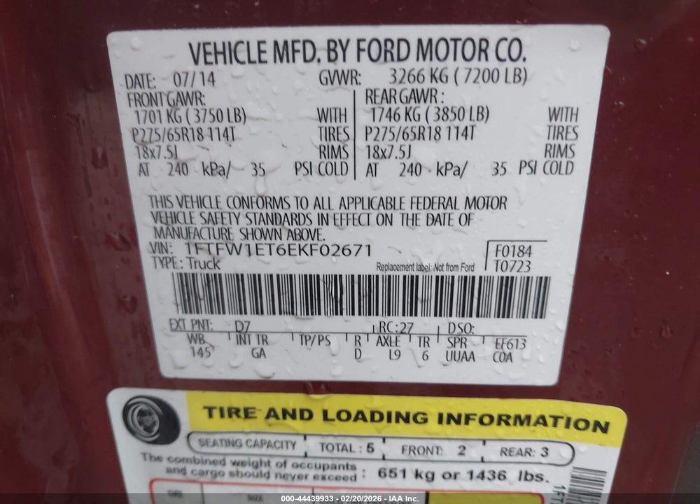 2014 FORD F-150 XLT VIN: 1FTFW1ET6EKF02671