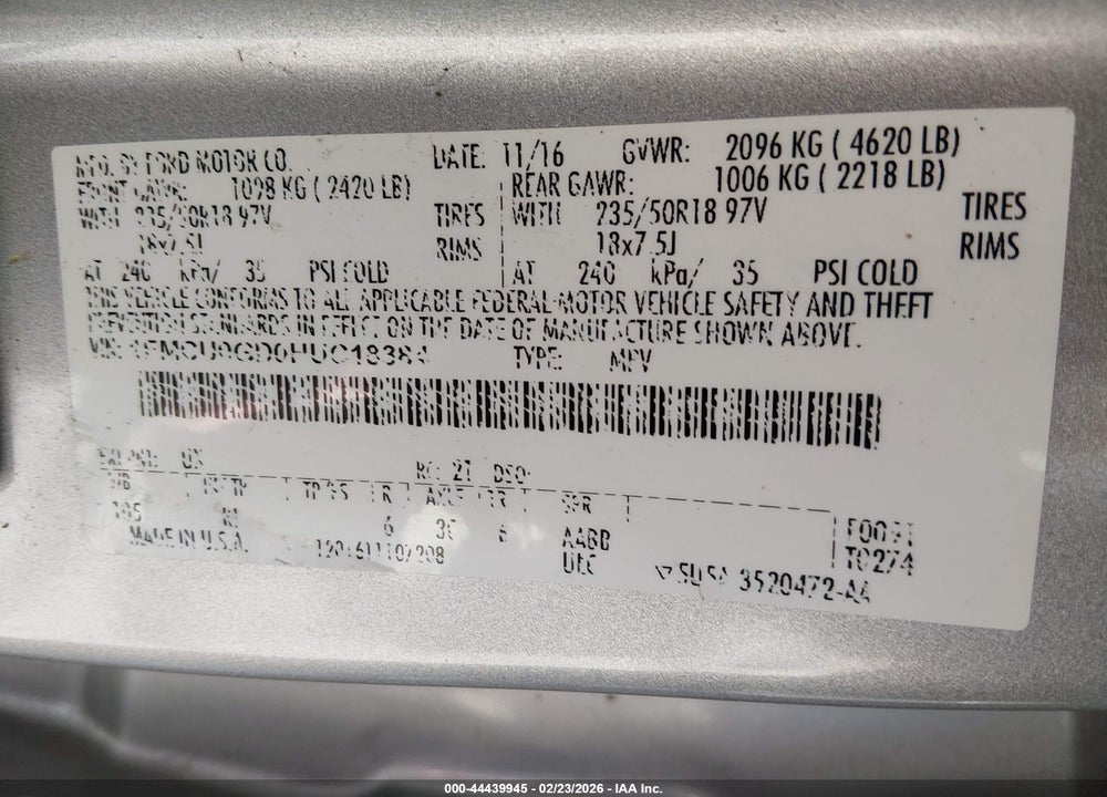 2017 FORD ESCAPE SE VIN: 1FMCU0GD0HUC18384