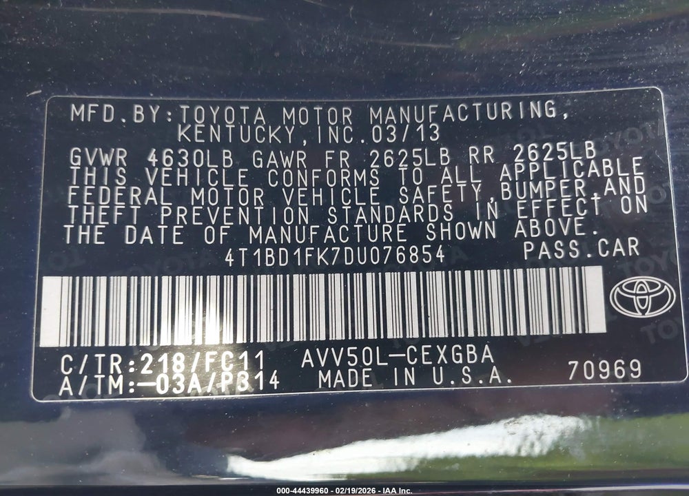 2013 TOYOTA CAMRY HYBRID XLE VIN: 4T1BD1FK7DU076854
