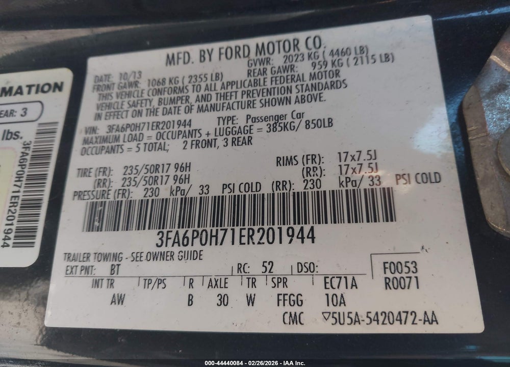 2014 FORD FUSION SE VIN: 3FA6P0H71ER201944