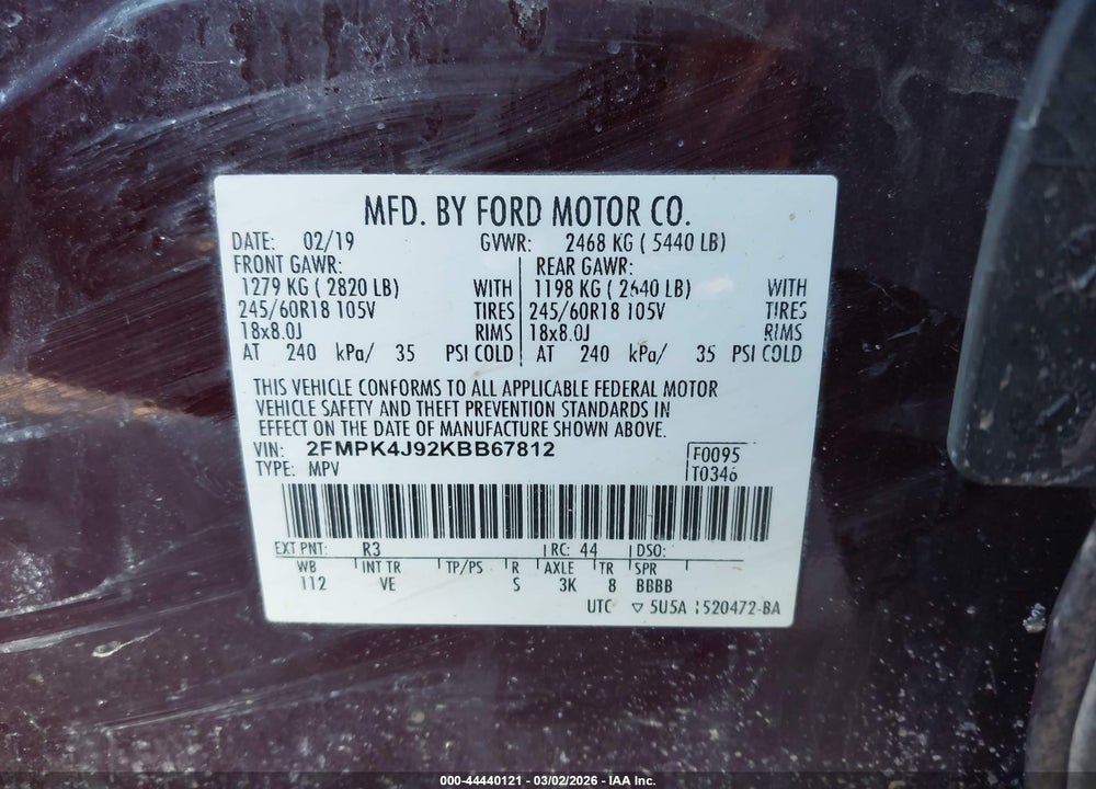 2019 FORD EDGE SEL VIN: 2FMPK4J92KBB67812