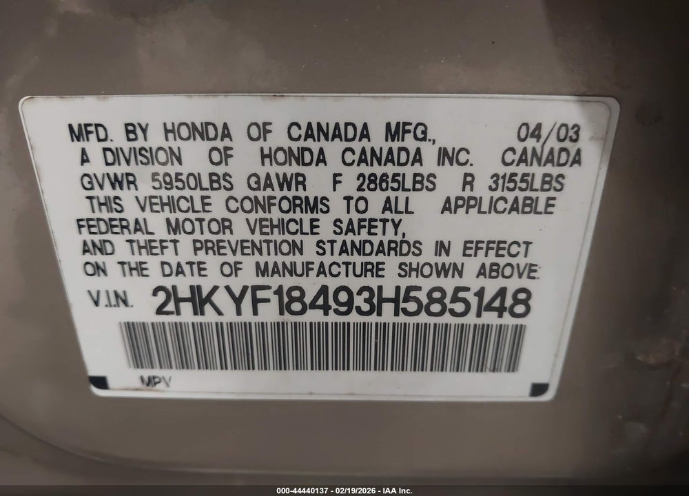2003 HONDA PILOT EX VIN: 2HKYF18493H585148