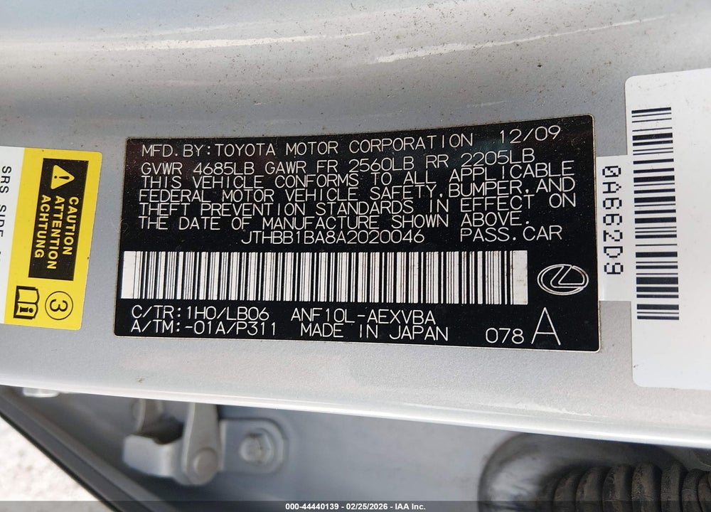 2010 LEXUS HS 250H VIN: JTHBB1BA8A2020046