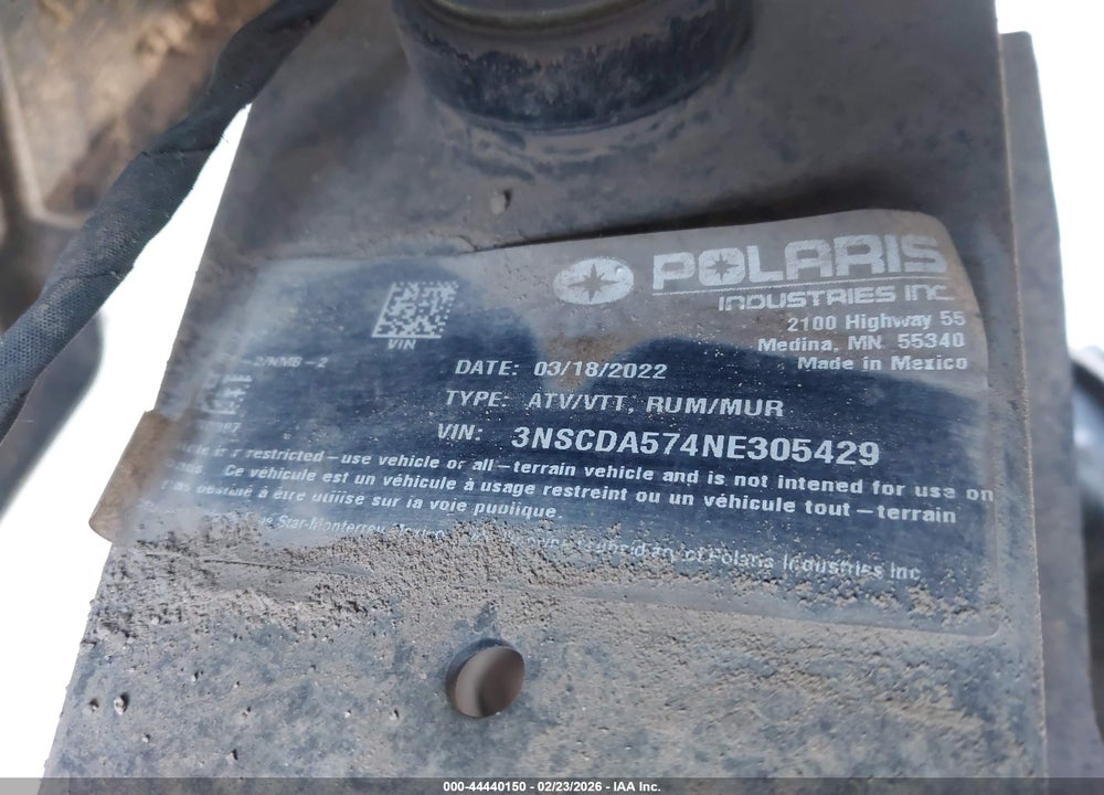 2022 POLARIS RANGER CREW 570-6 VIN: 3NSCDA574NE305429