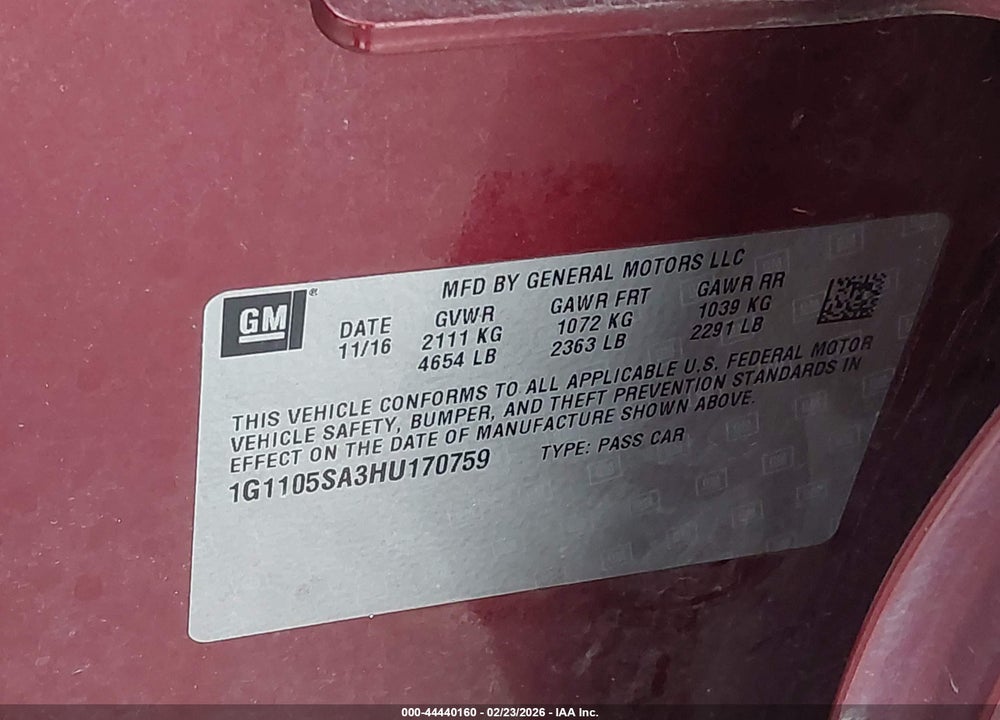 2017 CHEVROLET IMPALA 1LT VIN: 1G1105SA3HU170759