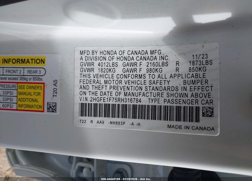 2024 HONDA CIVIC EX VIN: 2HGFE1F75RH316784