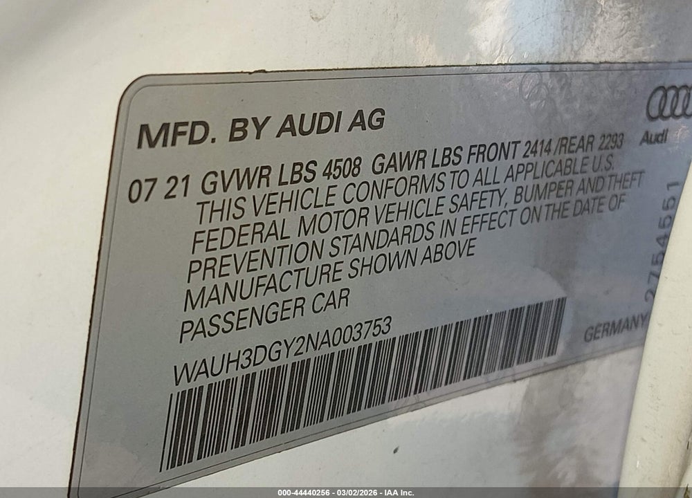 2022 AUDI S3 PREMIUM PLUS TFSI QUATTRO S TRONIC VIN: WAUH3DGY2NA003753