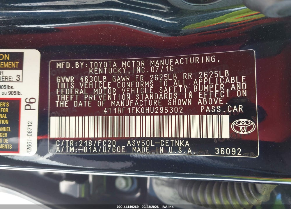 2017 TOYOTA CAMRY LE VIN: 4T1BF1FK0HU295302