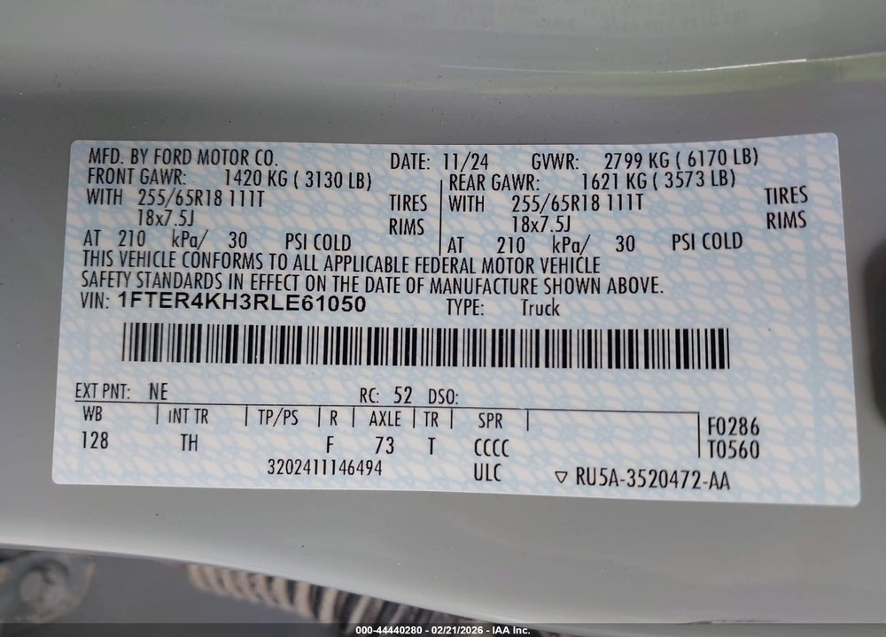 2024 FORD RANGER LARIAT VIN: 1FTER4KH3RLE61050