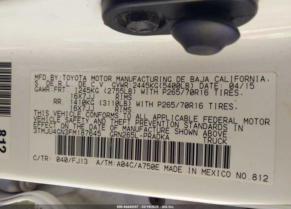 2015 TOYOTA TACOMA PRERUNNER V6 VIN: 3TMJU4GN3FM187645