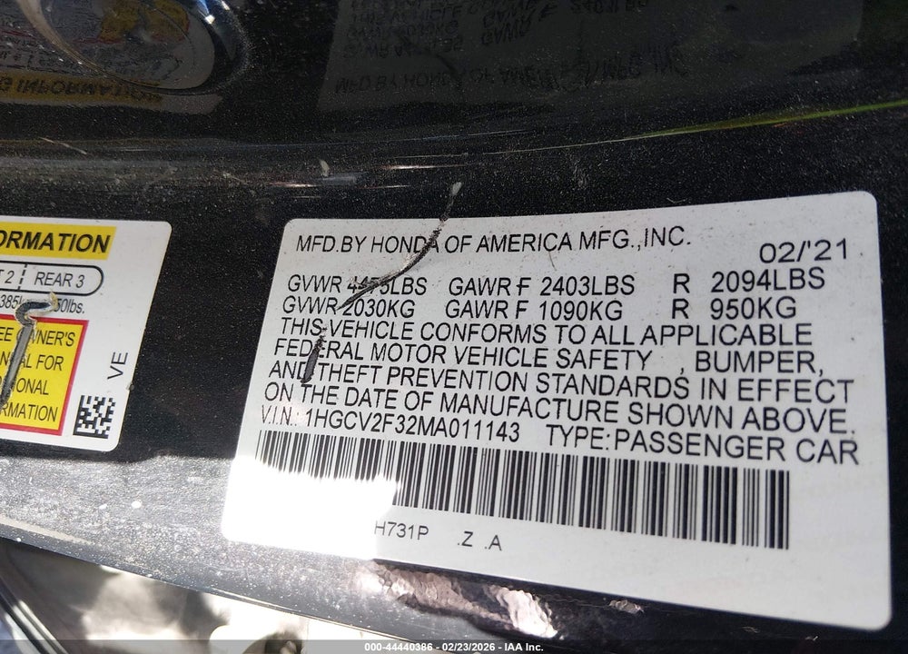 2021 HONDA ACCORD SPORT 2.0T VIN: 1HGCV2F32MA011143