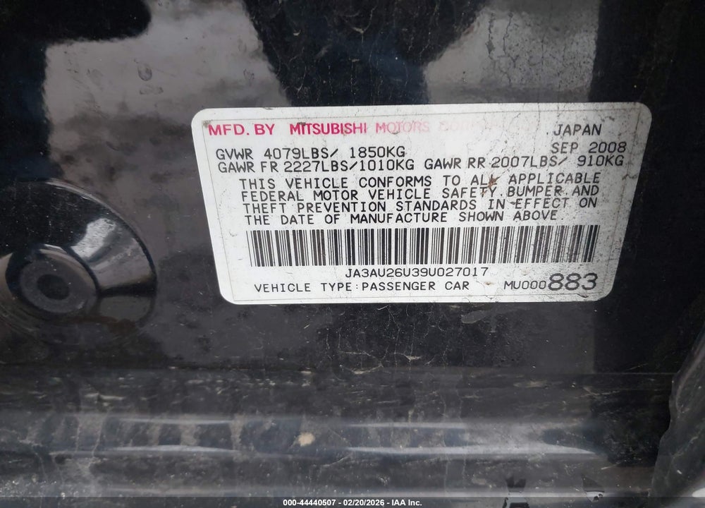 2009 MITSUBISHI LANCER ES/ES-SPORT VIN: JA3AU26U39U027017