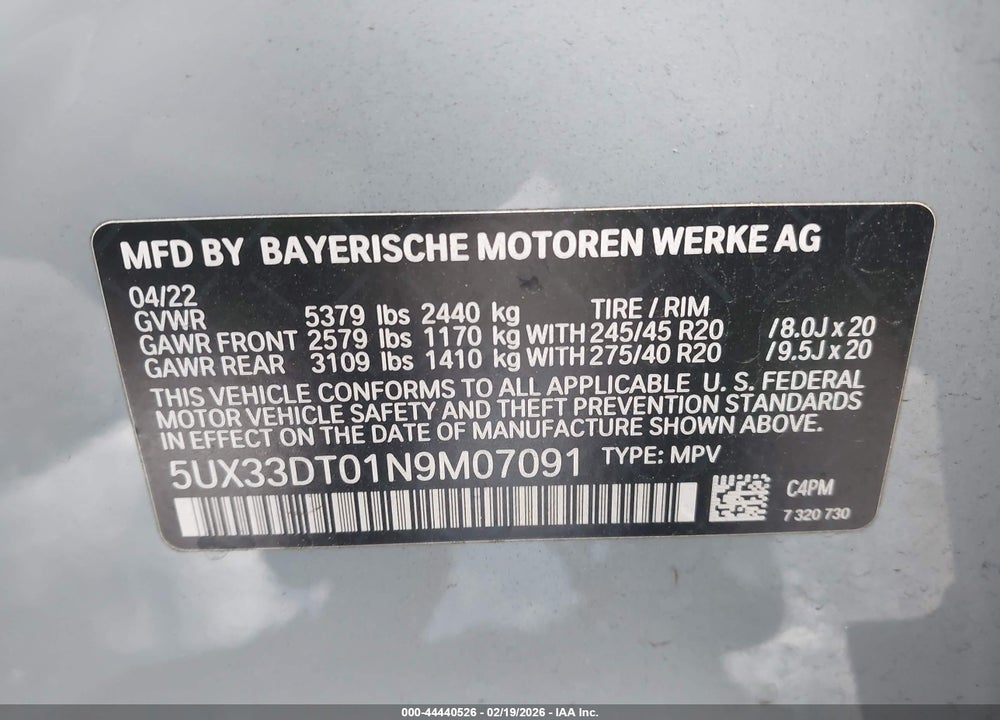 2022 BMW X4 XDRIVE30I VIN: 5UX33DT01N9M07091