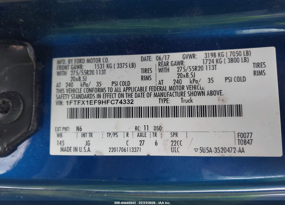 2017 FORD F-150 XL VIN: 1FTFX1EF9HFC74332
