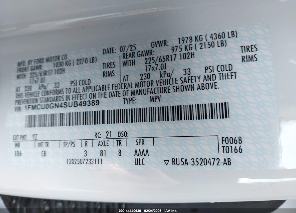 2025 FORD ESCAPE ACTIVE VIN: 1FMCU0GN4SUB49389
