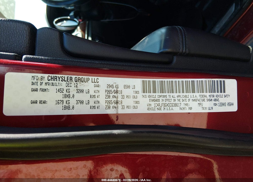 2013 JEEP GRAND CHEROKEE LIMITED VIN: 1C4RJFBGXDC638617