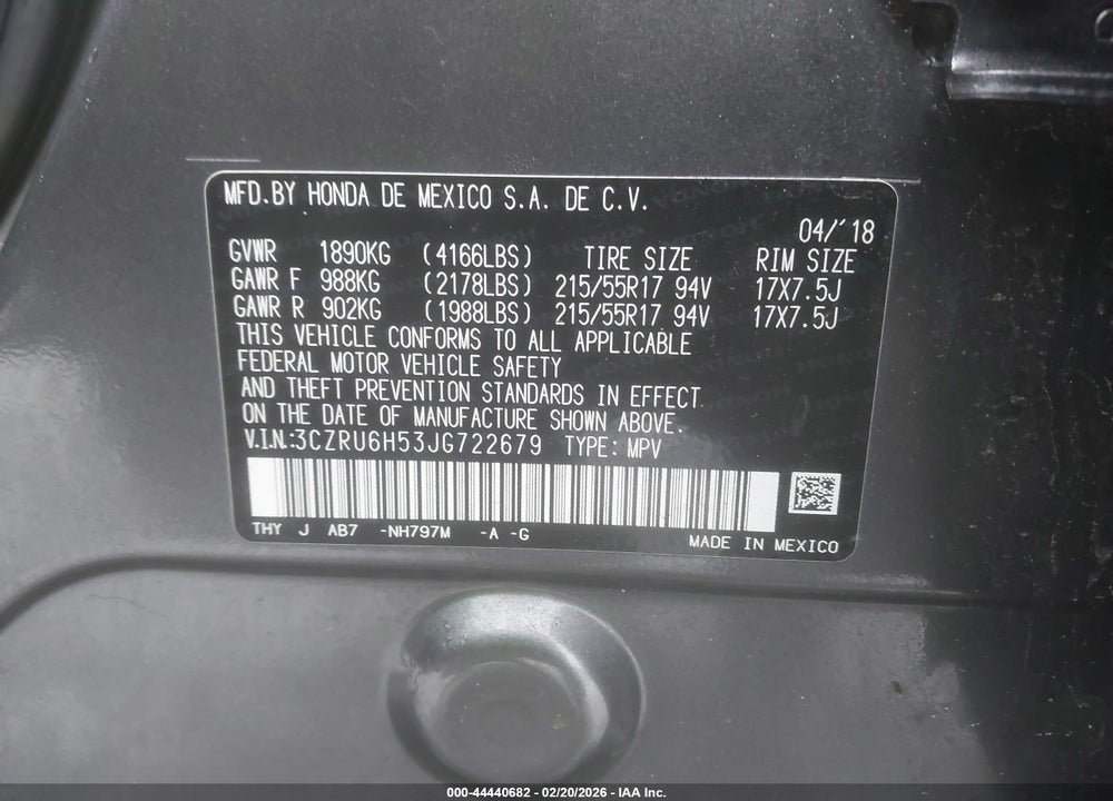 2018 HONDA HR-V EX VIN: 3CZRU6H53JG722679