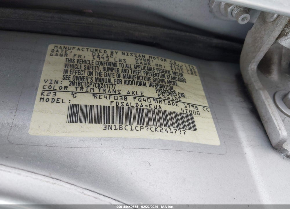 2012 NISSAN VERSA 1.8 S VIN: 3N1BC1CP7CK241777