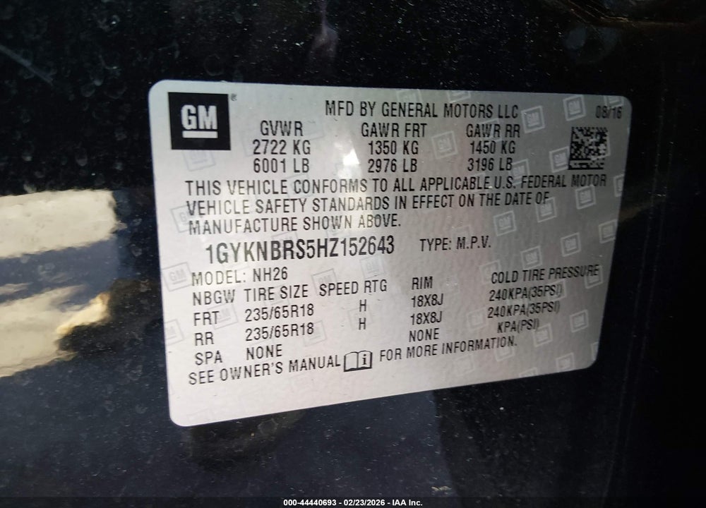 2017 CADILLAC XT5 LUXURY VIN: 1GYKNBRS5HZ152643