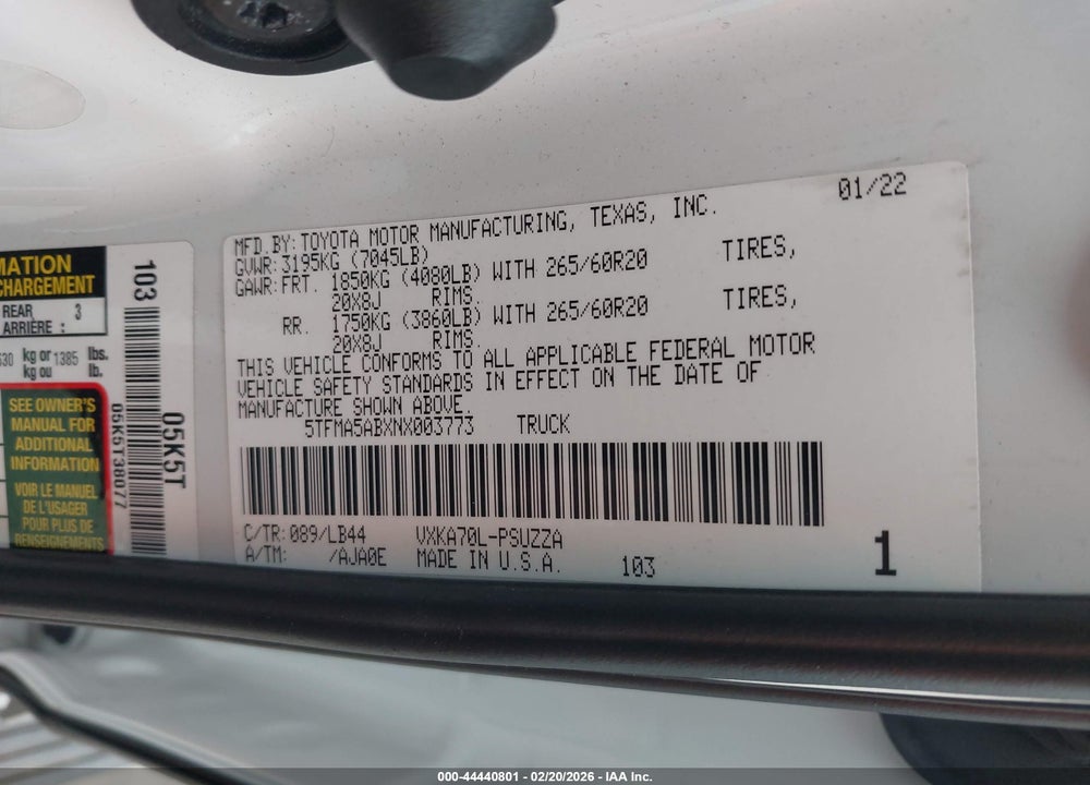 2022 TOYOTA TUNDRA 1794 EDITION VIN: 5TFMA5ABXNX003773