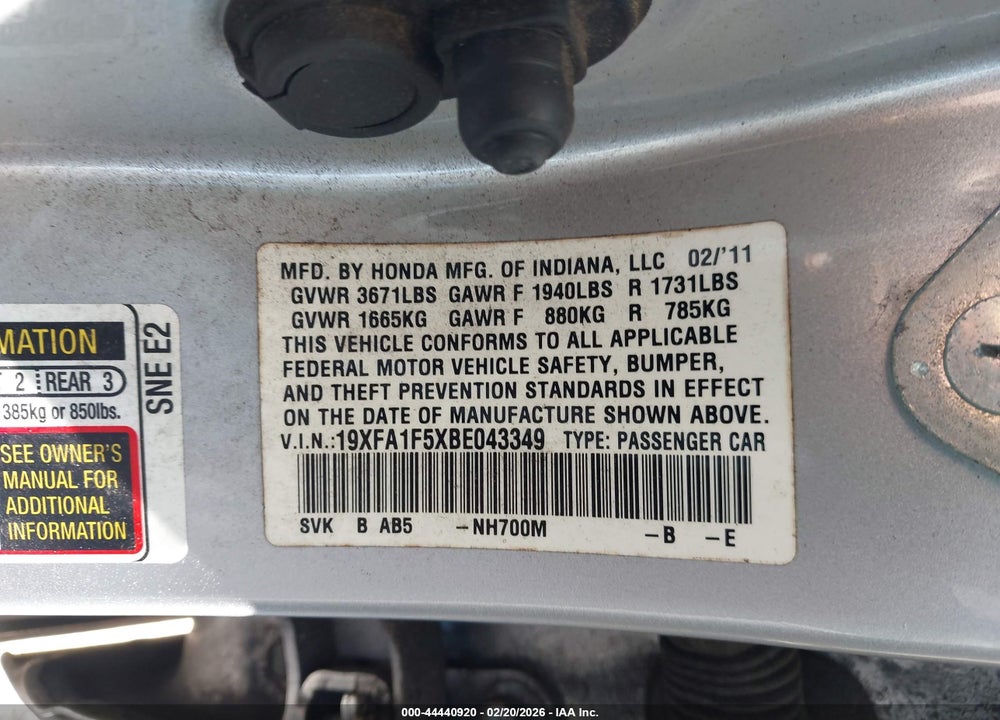 2011 HONDA CIVIC LX VIN: 19XFA1F5XBE043349