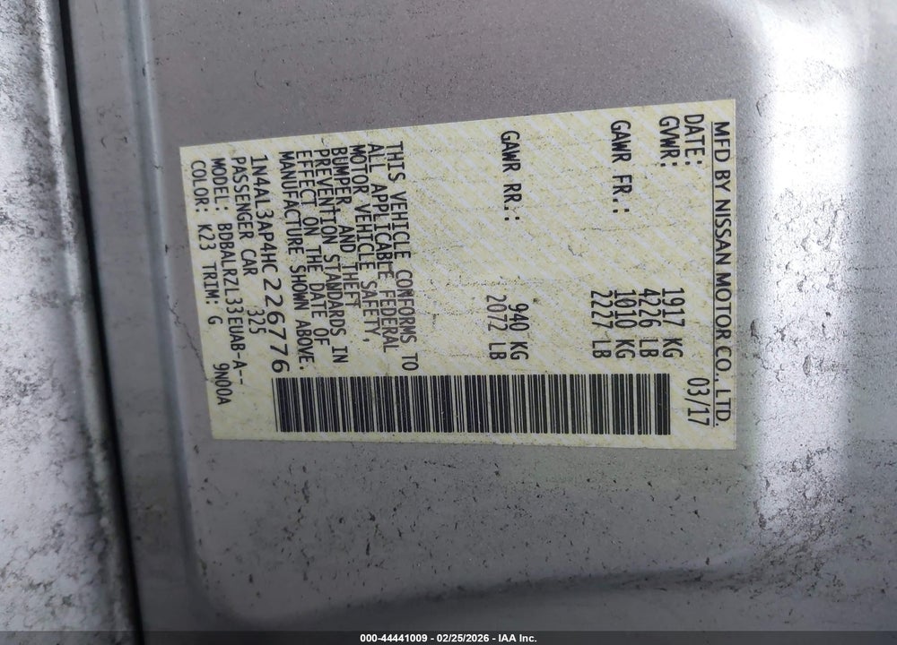 2017 NISSAN ALTIMA 2.5 SL VIN: 1N4AL3AP4HC226776