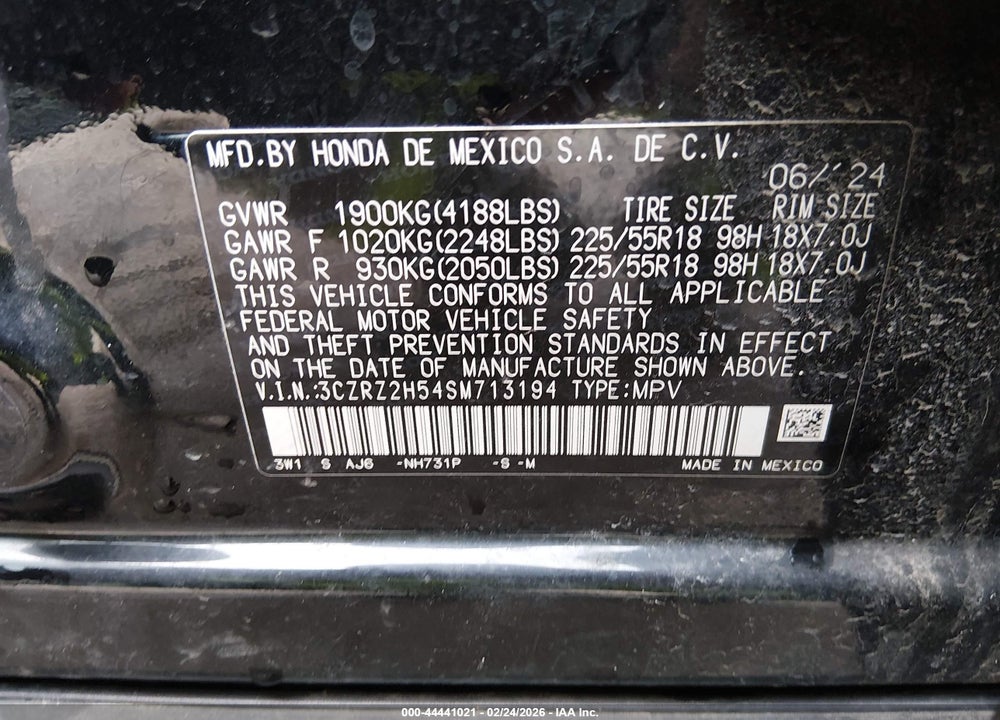 2025 HONDA HR-V AWD SPORT VIN: 3CZRZ2H54SM713194