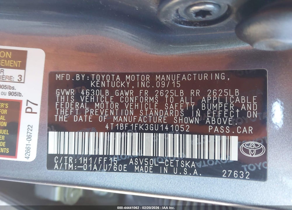 2016 TOYOTA CAMRY SE VIN: 4T1BF1FK3GU141052