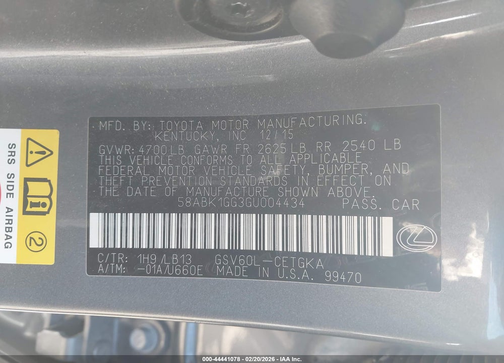 2016 LEXUS ES 350 VIN: 58ABK1GG3GU004434