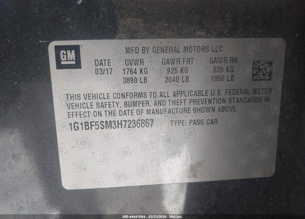 2017 CHEVROLET CRUZE PREMIER AUTO VIN: 1G1BF5SM3H7236867