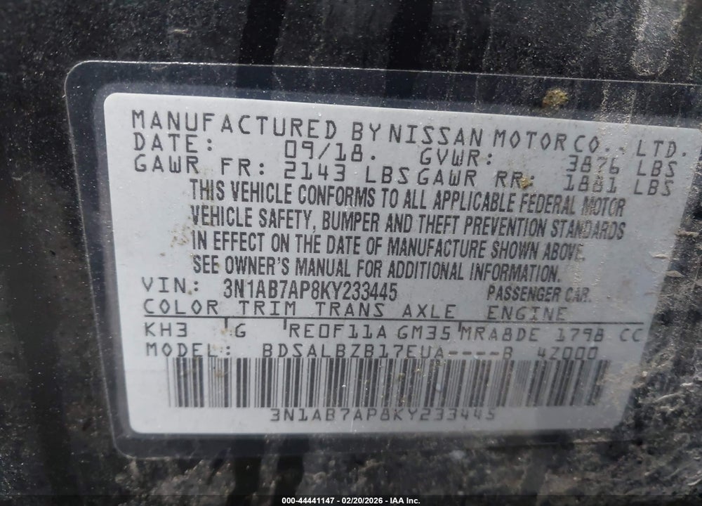 2019 NISSAN SENTRA S VIN: 3N1AB7AP8KY233445