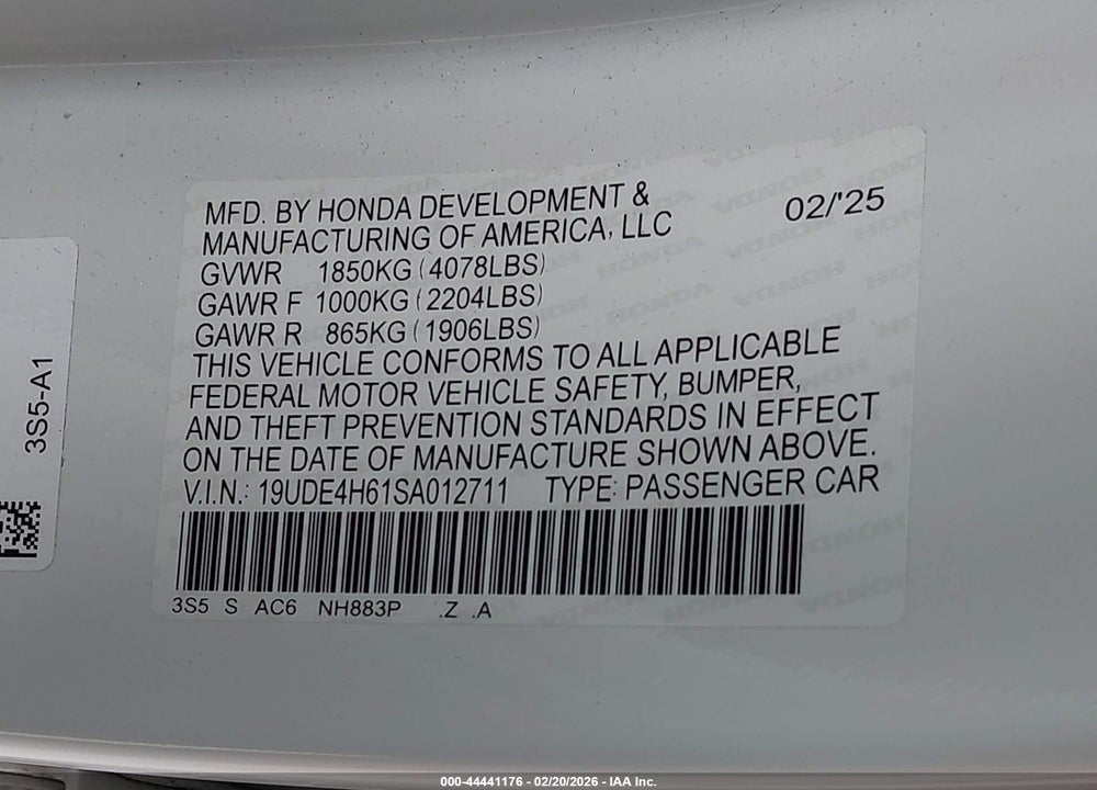 2025 ACURA INTEGRA A-SPEC TECHNOLOGY VIN: 19UDE4H61SA012711