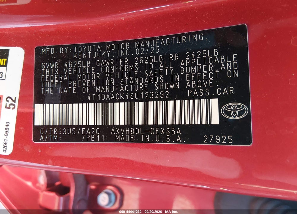 2025 TOYOTA CAMRY SE VIN: 4T1DAACK4SU123292
