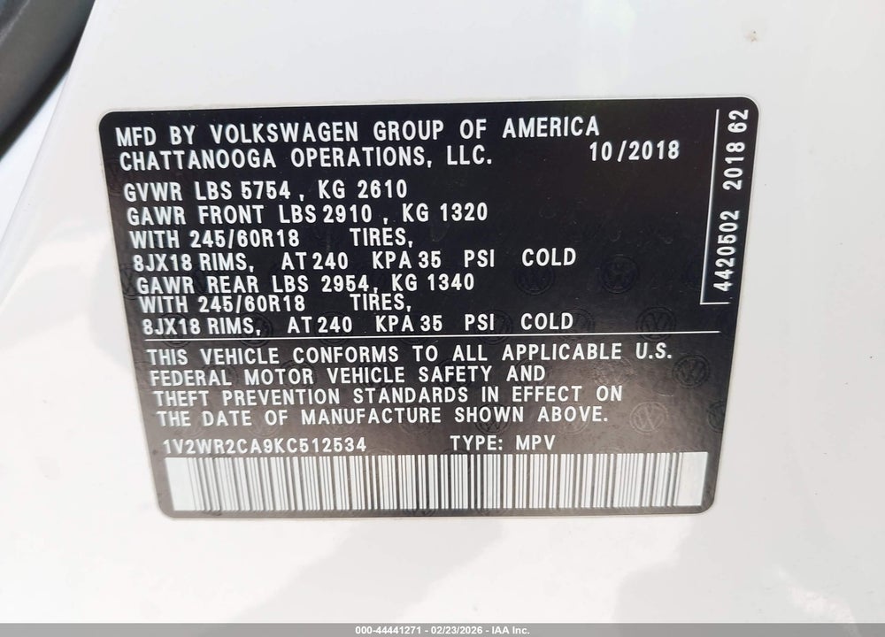 2019 VOLKSWAGEN ATLAS 3.6L V6 SE W/TECHNOLOGY VIN: 1V2WR2CA9KC512534