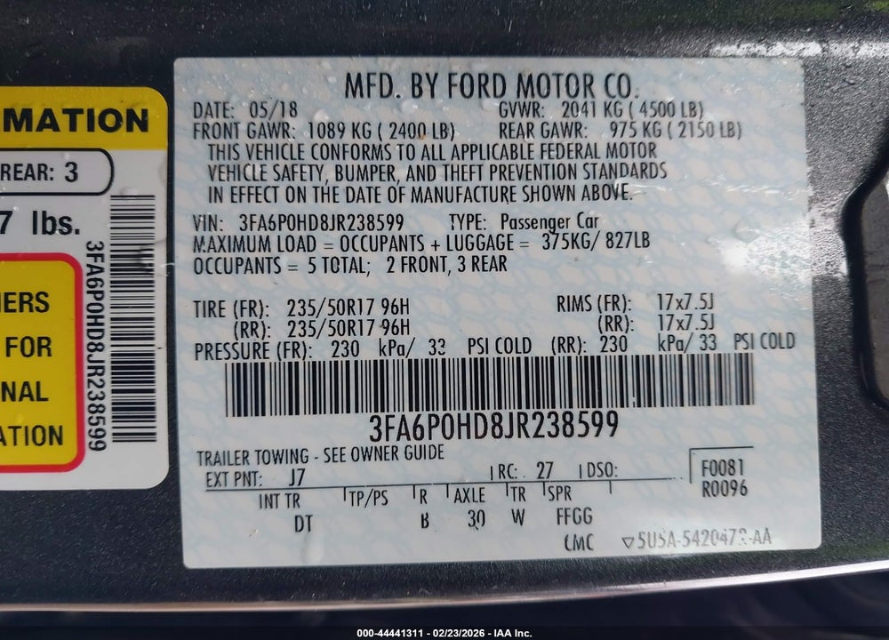 2018 FORD FUSION SE VIN: 3FA6P0HD8JR238599