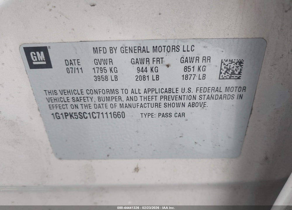 2012 CHEVROLET CRUZE ECO VIN: 1G1PK5SC1C7111660