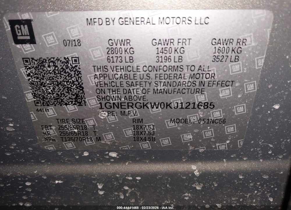 2019 CHEVROLET TRAVERSE 1LT VIN: 1GNERGKW0KJ121685