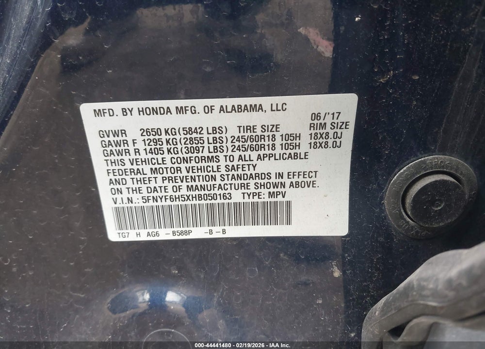2017 HONDA PILOT EX-L VIN: 5FNYF6H5XHB050163