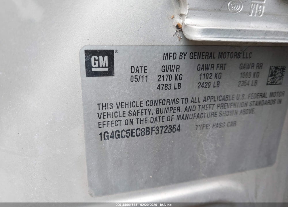 2011 BUICK LACROSSE CXL VIN: 1G4GC5EC8BF372364